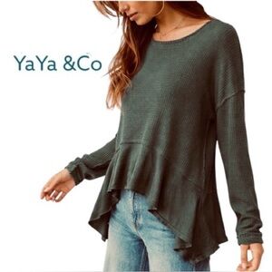 YaYa and Co. Waffle Lagenlook Sharkbite Hem Top Deep Green, Oversize Size Small
